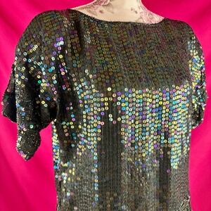 Vintage Black Iridescent Sequin Beaded Silk Top Blouse Large 80s Party Glam